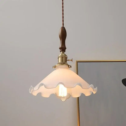 Vintage walnut and white glass led pendant light with warm frosted ruffled shade and brass fixture for kitchen lighting