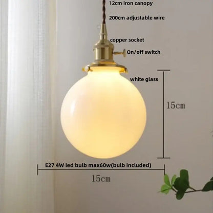 Vintage walnut and white glass led pendant light with warm glowing globe and brass copper socket for kitchen lighting