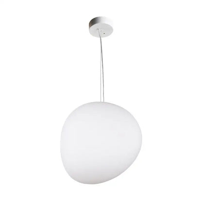 A sleek white glass oval pendant light with smooth rounded globe and slender metallic chain for ceiling mounting