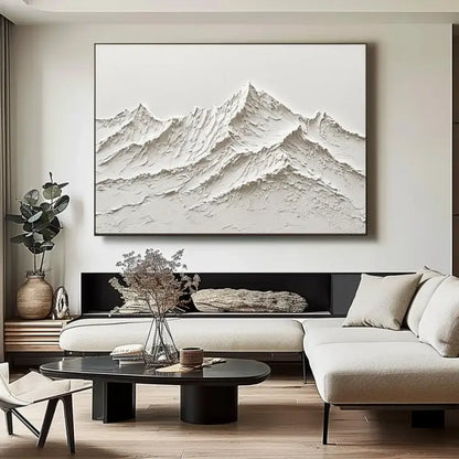 Decorbites white mountain 3d canvas wall art with black frame featuring textured hand painted oil paintings design