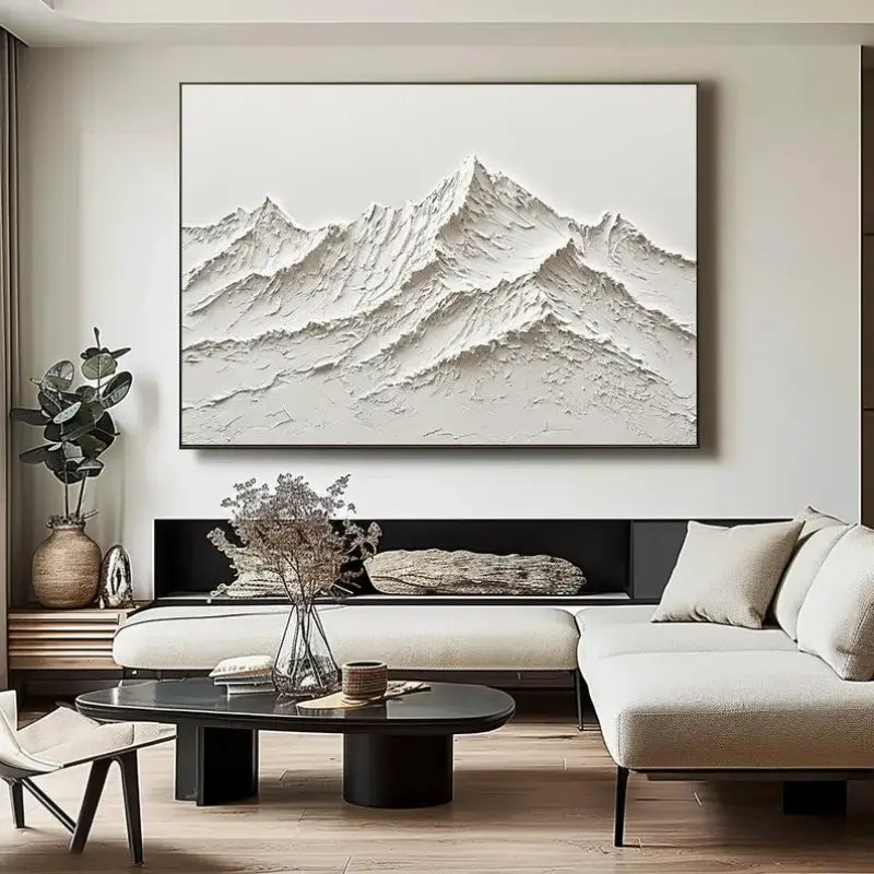 Decorbites white mountain 3d canvas wall art with black frame featuring textured hand painted oil paintings design