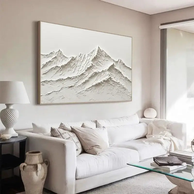 Decorbites™ white mountain 3d canvas wall art with hand painted textured peaks and subtle gray shading in a minimalist frame
