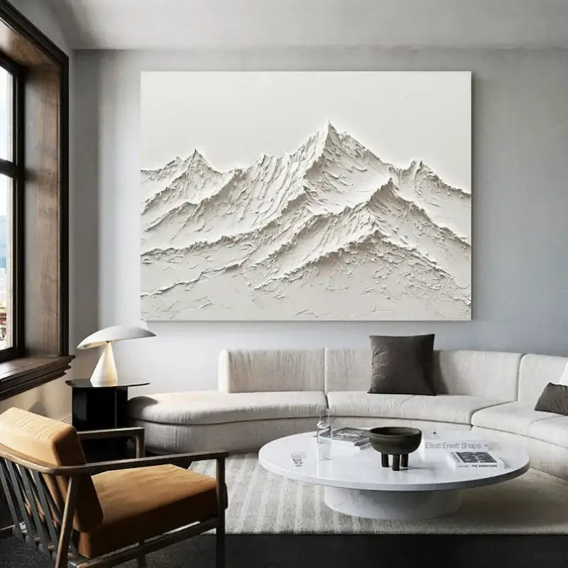 DecorBites™ white mountain oil paintings minimalist hand painted textured 3D canvas wall art hanging on wall