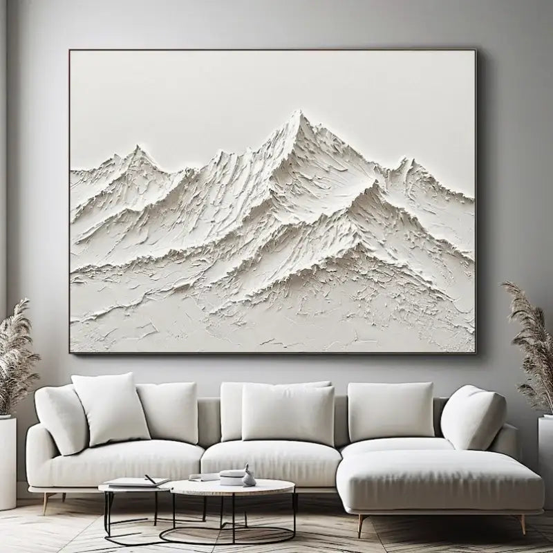 DecorBites white mountain 3D canvas wall art features a hand painted minimalist white textured oil painting with black frame