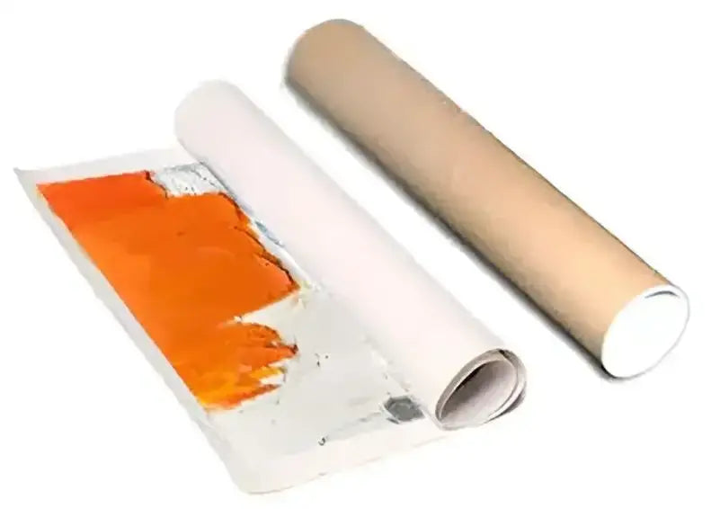 Rolled-up decorbites™ white mountain 3d canvas wall art with vibrant orange paint splatter in brown cardboard tube, hand painted oil paintings