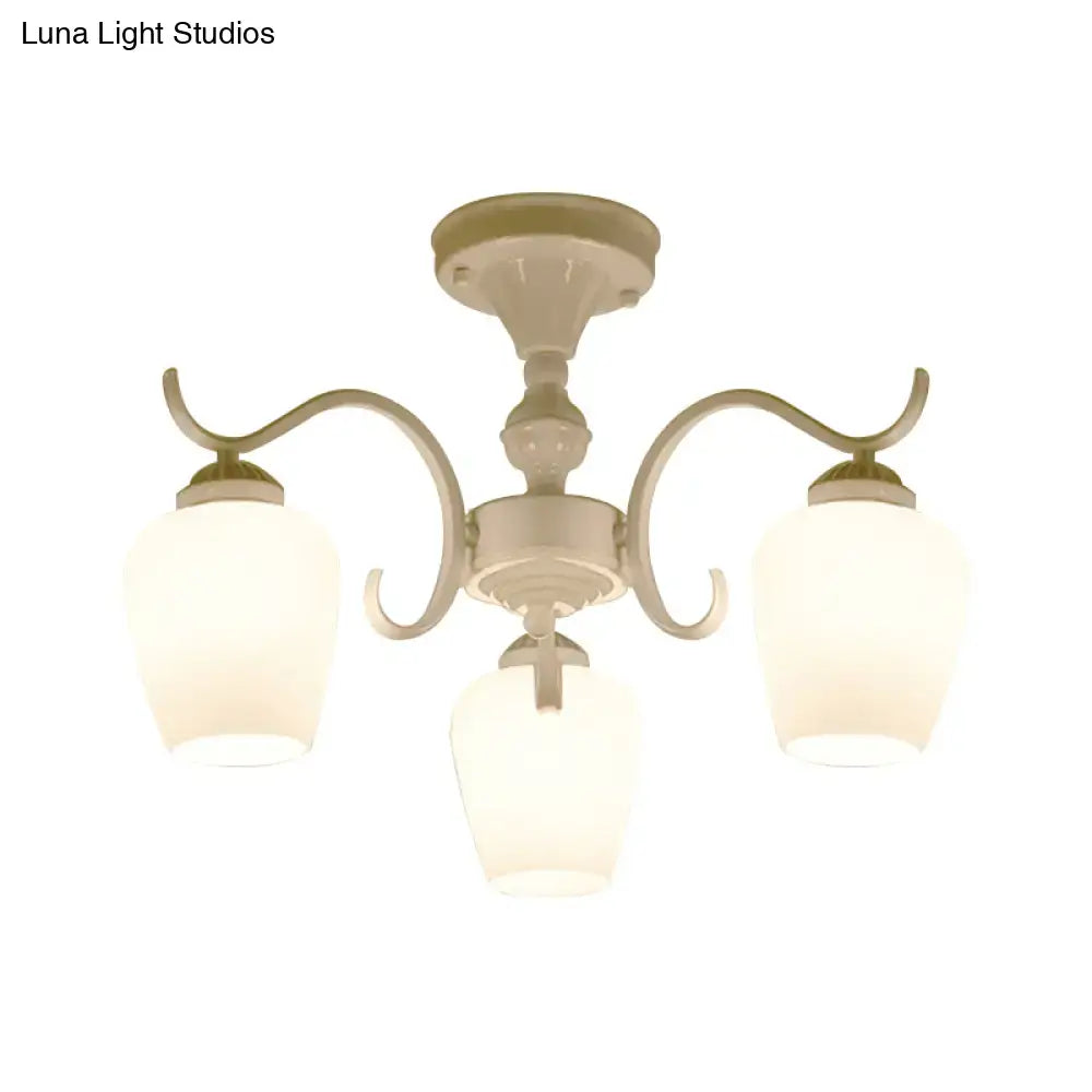 Decorbites™ cream-colored chandelier with three curved arms and frosted opaline glass cone shades for semi flush ceiling use