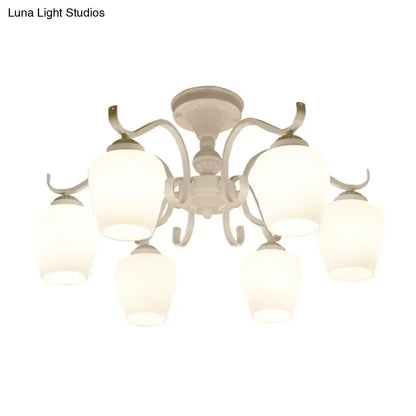 Decorbites white opaline glass cone ceiling lamp with six frosted shades and curved metal arms for countryside style lighting