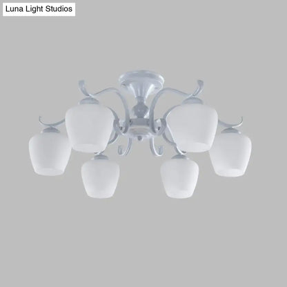 Decorbites™ white opaline glass cone chandelier with five frosted glass shades and ornate metal arms for ceiling lighting