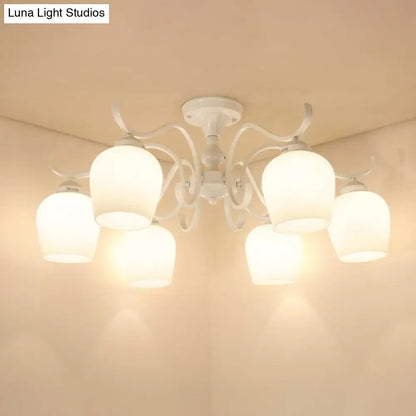 Decorbites white opaline glass cone chandelier with five frosted shades and ornate metal arms in countryside style