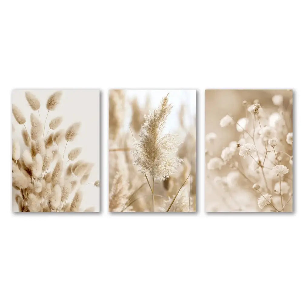 Set of three beige-toned botanical wall art prints in minimalist style from decorbites™ white seascape canvas set