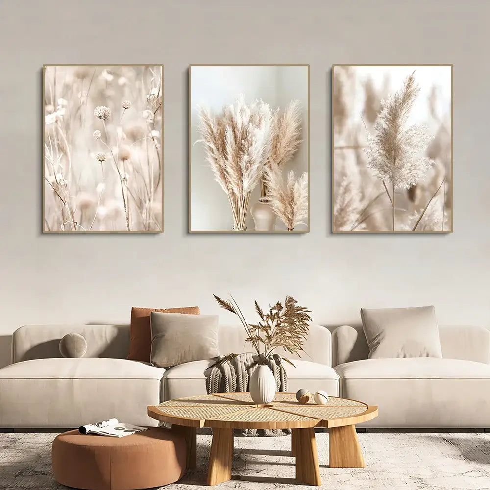 Set of three beige-toned framed wall art prints with soft-focus pampas grass from DecorBites white seascape canvas set