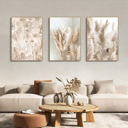 Set of three beige-toned framed wall art prints with soft-focus pampas grass from DecorBites white seascape canvas set