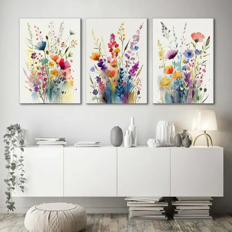 DecorBites wildflowers watercolour posters feature three vibrant canvas wall art pieces with colorful blossoms and stems