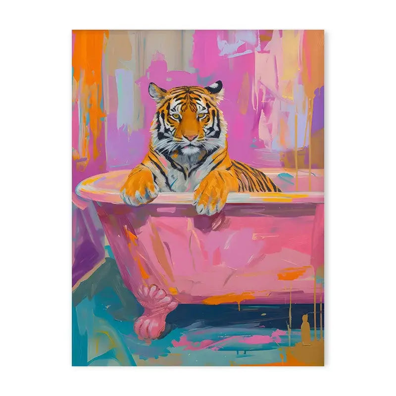 DecorBites wildlife bathroom canvas painting featuring a vibrant tiger in a pink clawfoot tub with abstract background