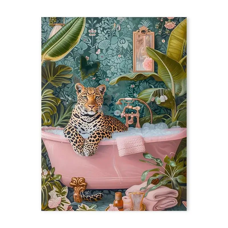 Decorbites wildlife bathtub animal canvas featuring a golden-eyed leopard lounging in a pink clawfoot tub
