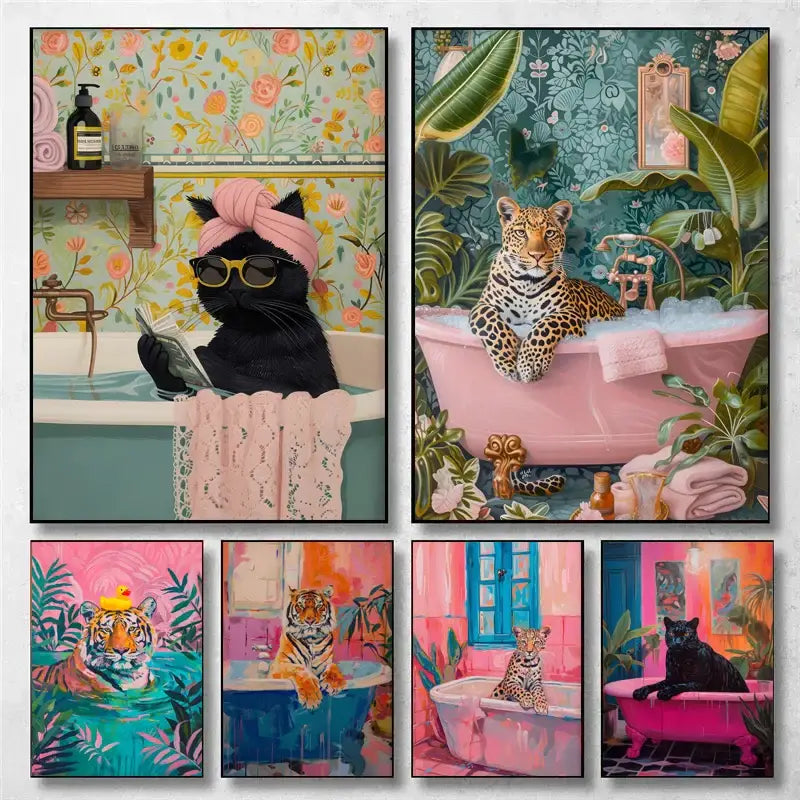 Set of six colorful wildlife bathtub animal canvas prints featuring black cats and leopards in bathtubs with floral backgrounds