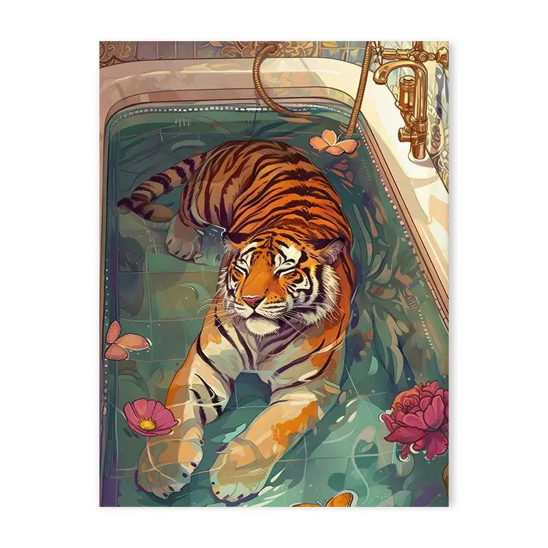 Decorbites™ wildlife bathtub animal canvas wall art featuring a vibrant orange tiger with black stripes in a tiled tub
