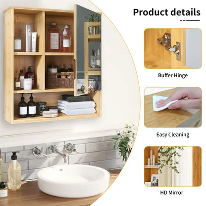 Decorbites™ wood medicine cabinet with mirror door and multiple shelves in light wood finish for bathroom storage