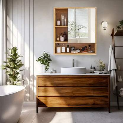 Modern wooden bathroom vanity with white ceramic sink and integrated drawers paired with decorbites wood medicine cabinet