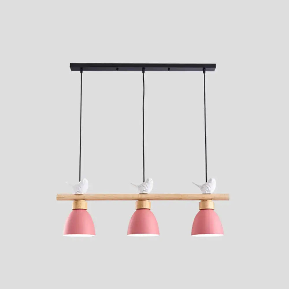 DecorBites wood metal macaron bowl pendant light with three pink shades and ceramic birds on natural wood beam for e26 e27 sockets