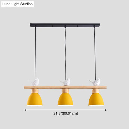 Yellow ceramic macaron bowl pendant light with white bird figurines on wooden bar for e26 e27 sockets
