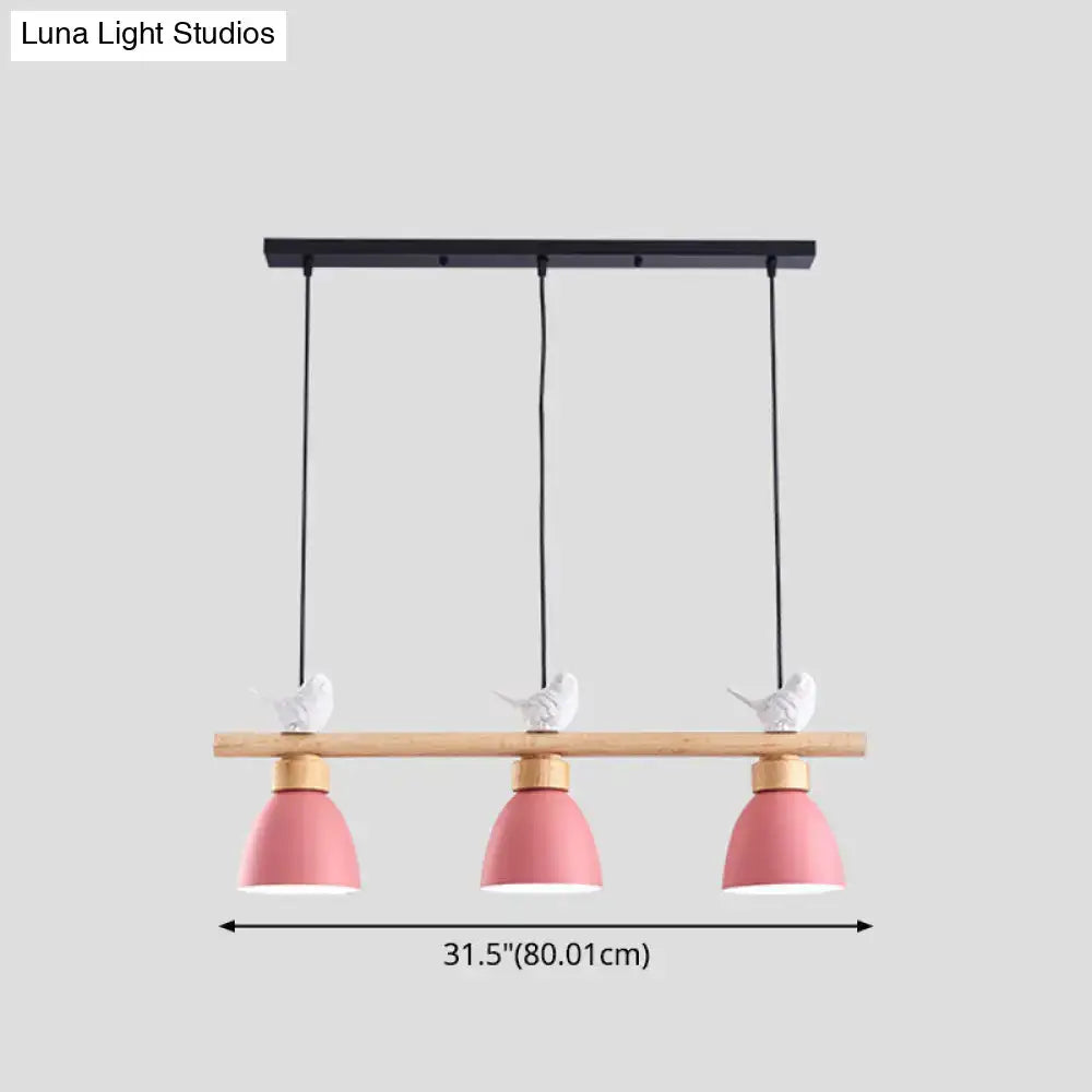 Pink ceramic macaron bowl pendant light with white bird figurines on wood bar e26 e27 for island lighting