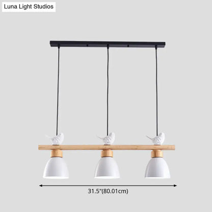 White ceramic macaron bowl pendant light with three lamps and bird figurines on natural wood bar for e26 e27 socket
