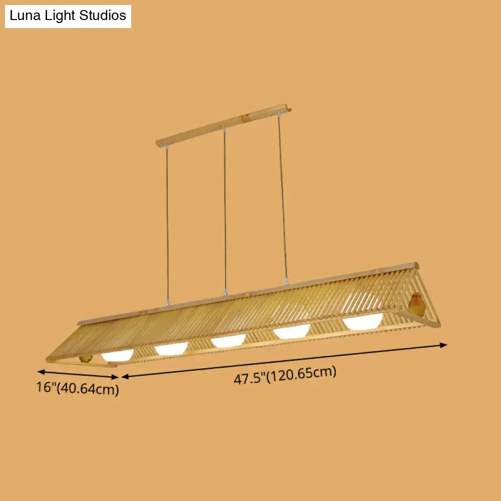DecorBites™ wooden asian triangle island pendant light with woven bamboo design and four warm led bulbs natural finish