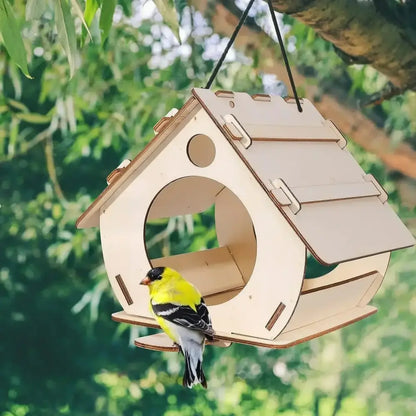 Decorbites wooden bird feeders light-colored wooden birdhouse with circular entrance and hinged roof suspended by black cords