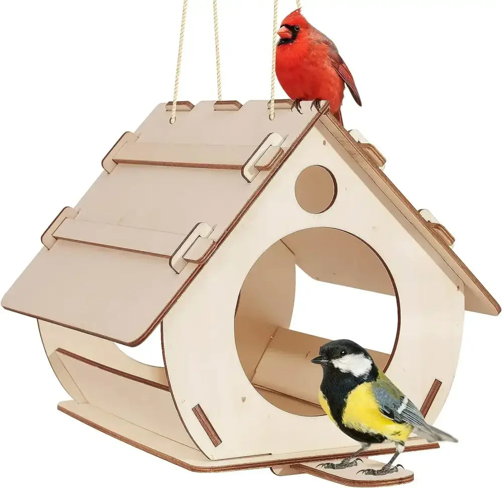 Decorbites™ wooden bird feeders light-colored wooden bird feeder with circular entrance and hanging ropes for outdoor use
