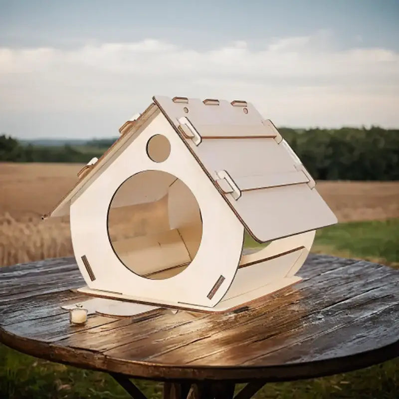 Minimalist white wooden bird feeder with slanted roof and circular entrance for small birds by DecorBites™