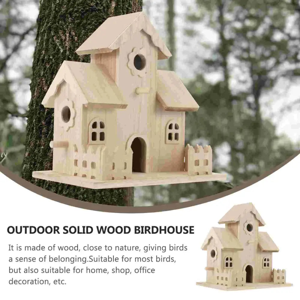 DecorBites™ wooden bird nest box garden decor light-colored carved wooden birdhouse with castle-like design