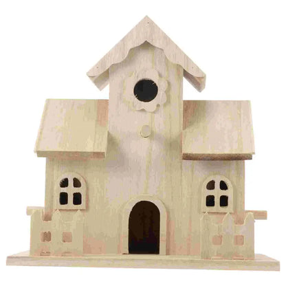 Light-colored wooden birdhouse with gabled roof and decorative windows for decorbites wooden bird nest box garden decor