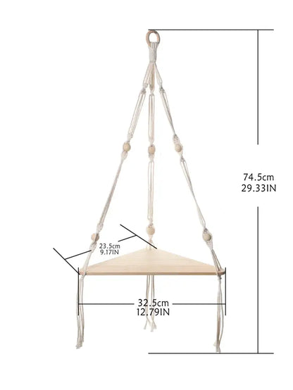 Decorbites wooden corner shelf with macrame features a light wood triangular platform and cream woven cords corner shelf