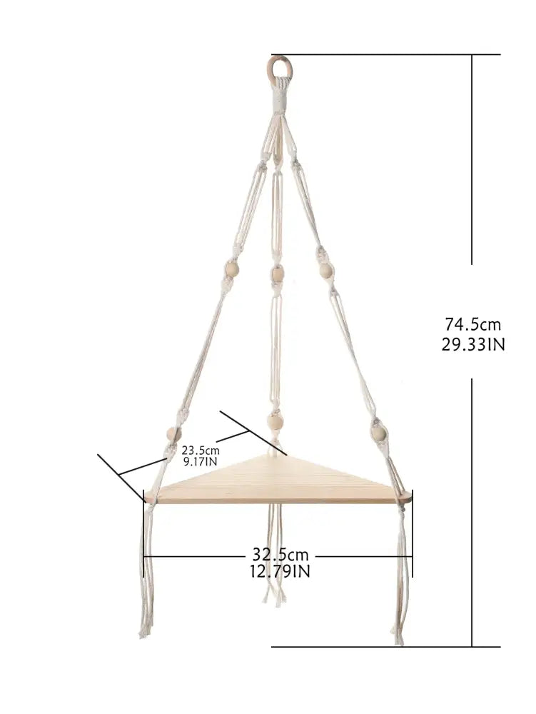 Decorbites™ wooden corner shelf with macrame features a light wood triangular platform and cream woven cords in boho style