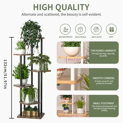 DecorBites wooden flower plant stand with black metal frame and five tiers holding white ceramic potted plants