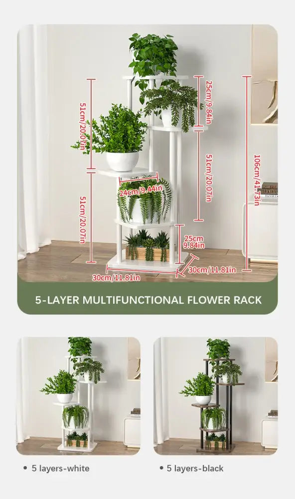 White 5-layer wooden flower plant stand by DecorBites™ with sleek modern design and tiered shelves for plants display