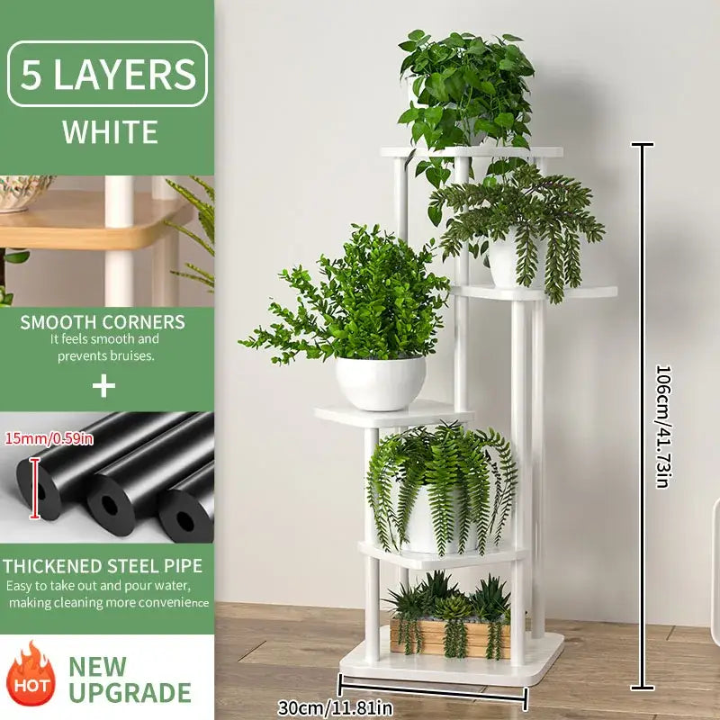 White five-layer wooden flower plant stand with smooth corners and thickened steel pipe construction by decorbites