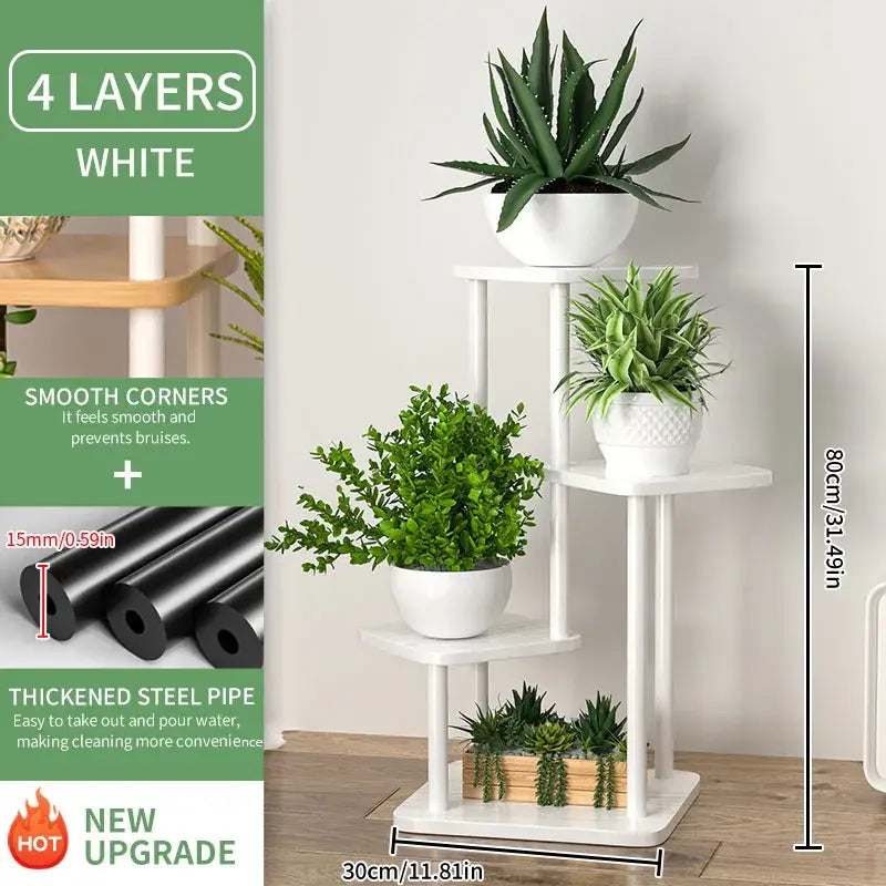 White four-layer wooden flower plant stand with smooth corners and thickened steel pipe construction by DecorBites