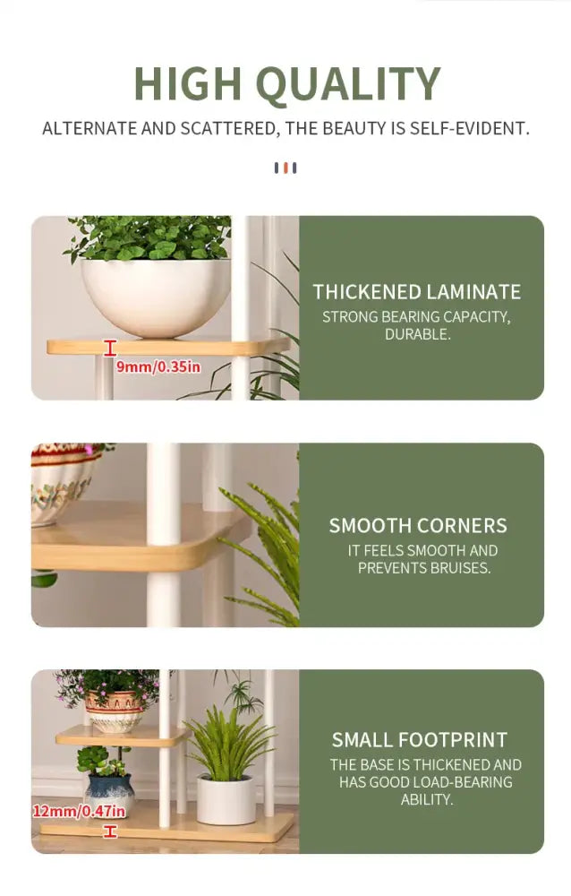 White and light wood wooden flower plant stand with thickened laminate shelves smooth corners and a small footprint
