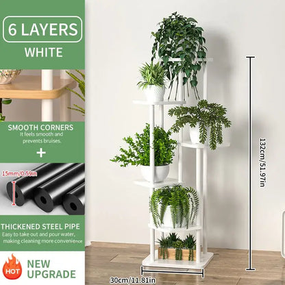 White wooden flower plant stand with six tiers, smooth corners, and thickened steel pipe construction by DecorBites