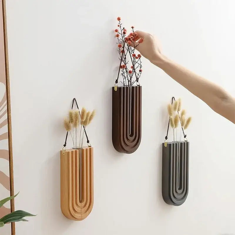 DecorBites™ wooden flower vase wall mount holder with three modern wood-tone, dark brown, and matte gray planters