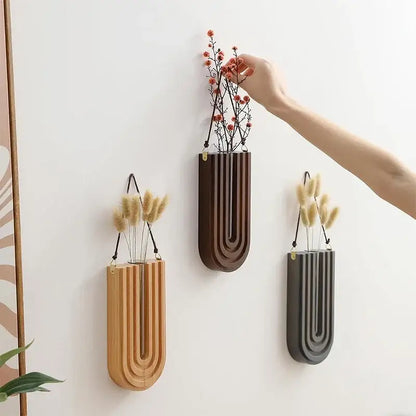 Decorbites wooden flower vase wall mount holder with three modern wooden flower vases in wood-tone dark brown and matte gray