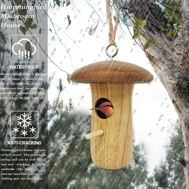 DecorBites™ wooden hanging hummingbird house feeder shaped like a natural wood mushroom for 1pc outdoor hummingbird use