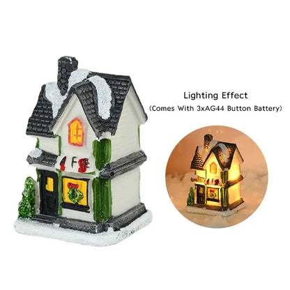 Decorbites™ wooden led light house Christmas decoration with white exterior green trim and illuminated yellow lights