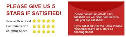 Red envelope with white text urging customers to leave five stars for decorbites wooden led light house christmas decoration