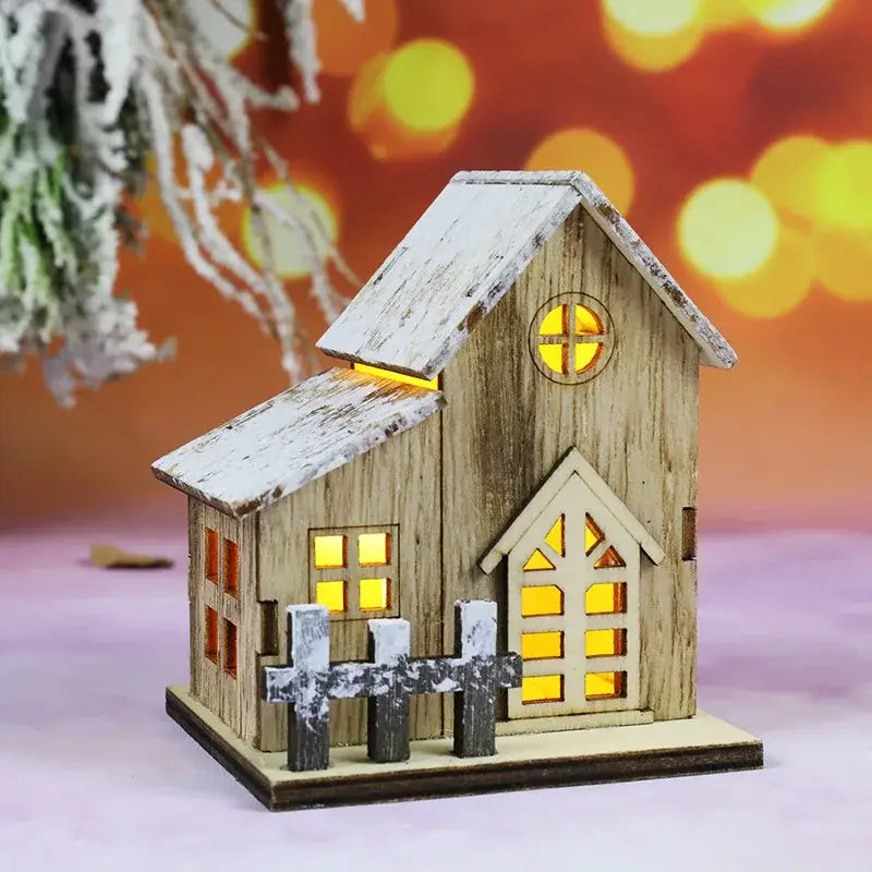 Decorbites™ wooden led light house christmas decoration with rustic wood, weathered white roof, and glowing yellow windows