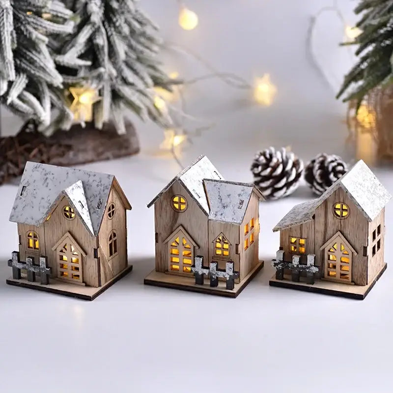 DecorBites™ wooden led light house Christmas decorations with snow-dusted roofs and glowing yellow lights