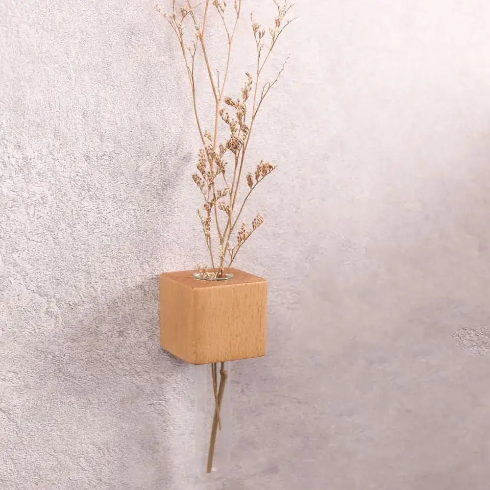 DecorBites wooden magnetic test tube vase wall-mounted natural finish minimalist wooden cube with dried flowers