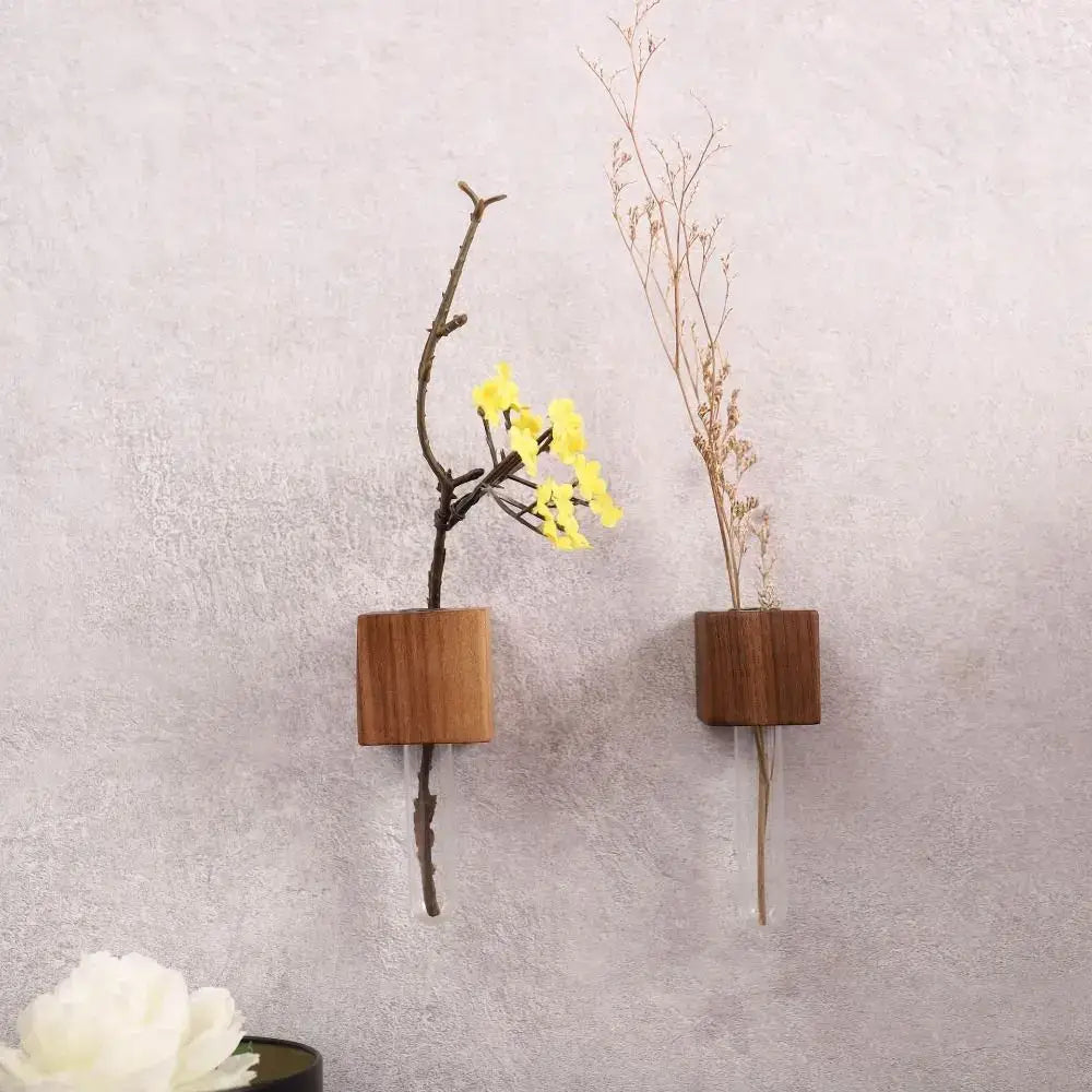 Decorbites wooden magnetic test tube vase set of two minimalist wooden wall-mounted tube vases with dried florals
